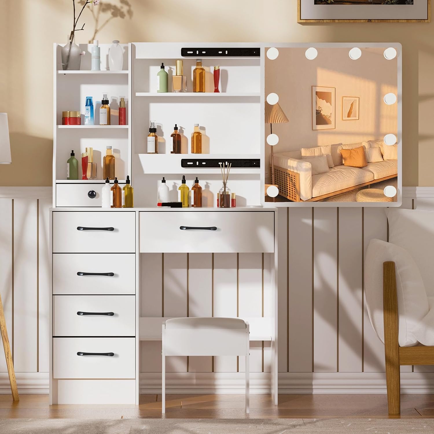 Makeup Vanity Set with 6 Drawers and Lighted Mirror, Brightness Adjustable, with Chair Z9301