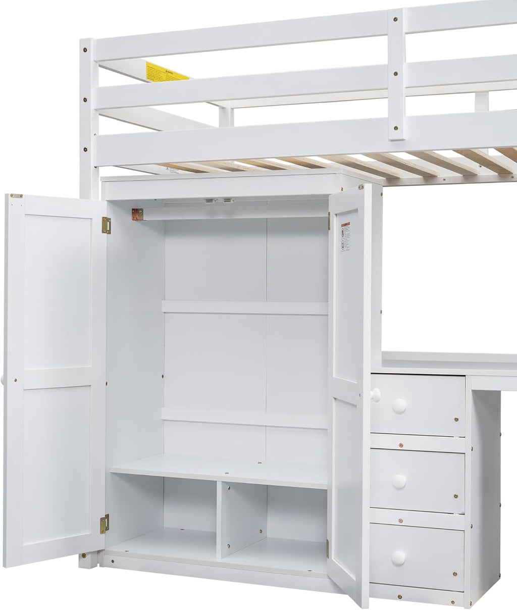 White Twin Wood Loft Bed with Wardrobe Desk and Storage Drawers F87343