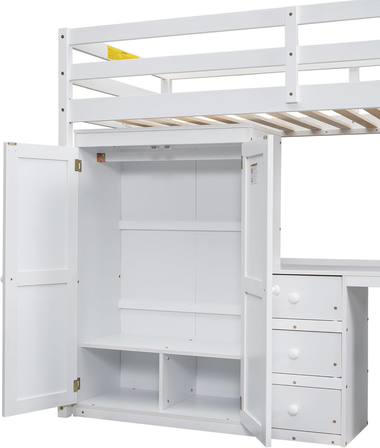 White Twin Wood Loft Bed with Wardrobe Desk and Storage Drawers F87343