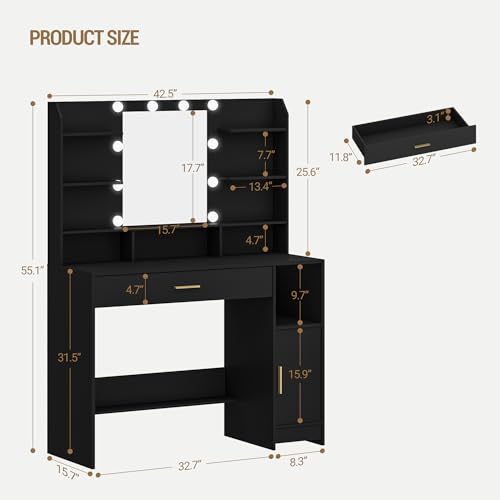 Black Vanity Desk with Mirror and 10 LED Lights T498