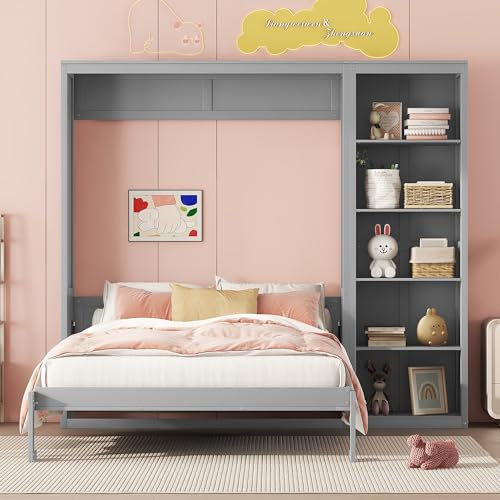 Full Murphy Bed with Storage Bookcase Shelves, Wood Folding Grey Wall Bed Cabinet B589