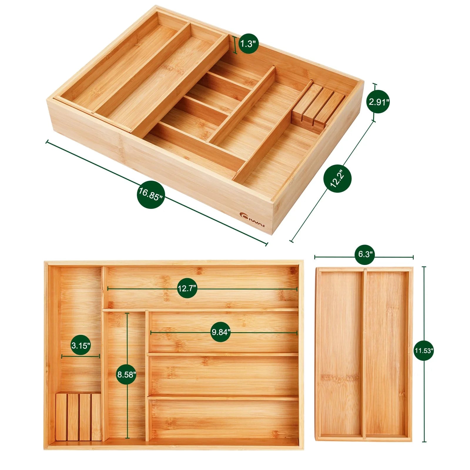 Bamboo Double Layer Kitchen Drawer Organizer with Sliding Tray, Removable Knife Block, Utensil Silverware Cutlery Storage Box, Brown F853