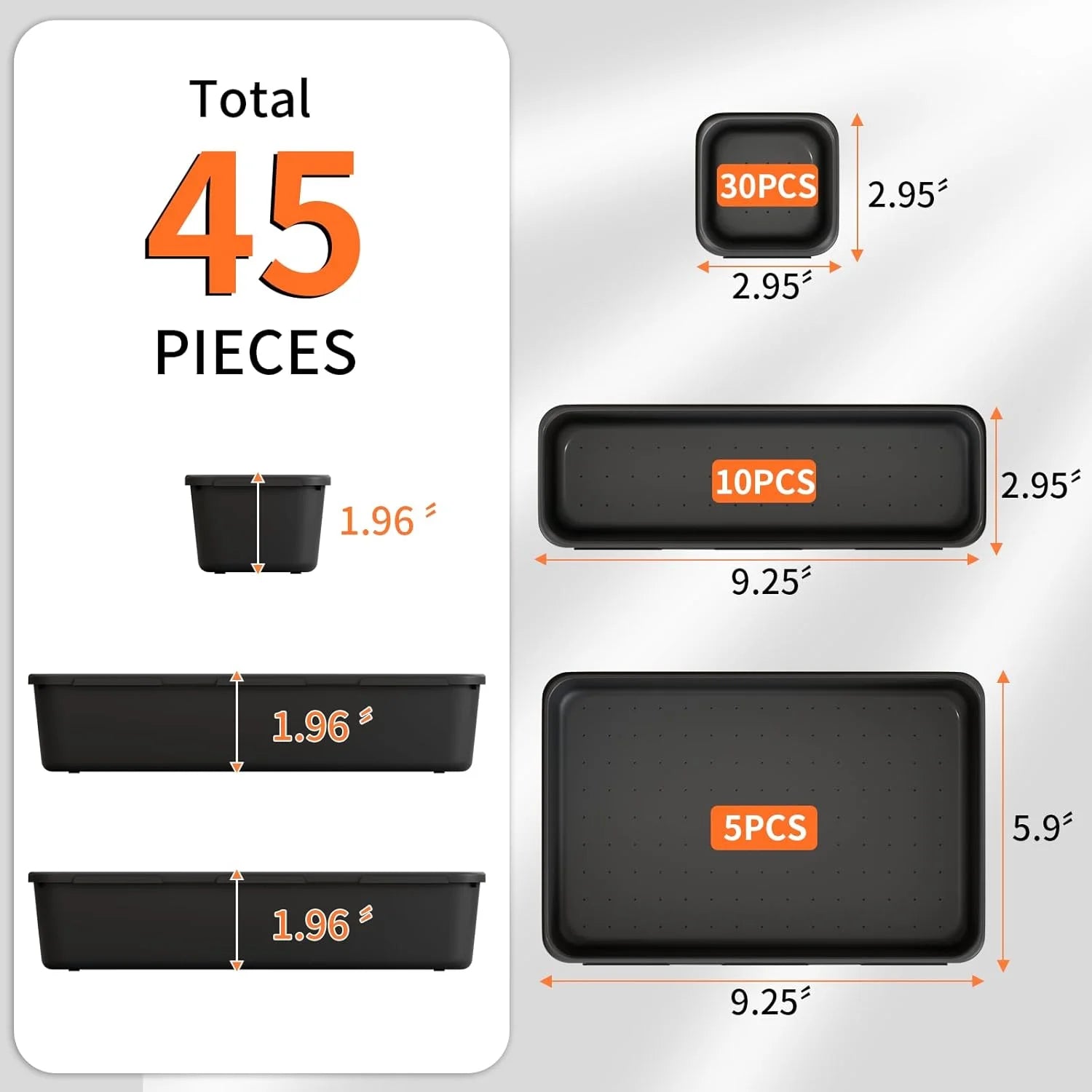 45 Pack Plastic Desk Drawer Organizer Tray, 3 Sizes R88855