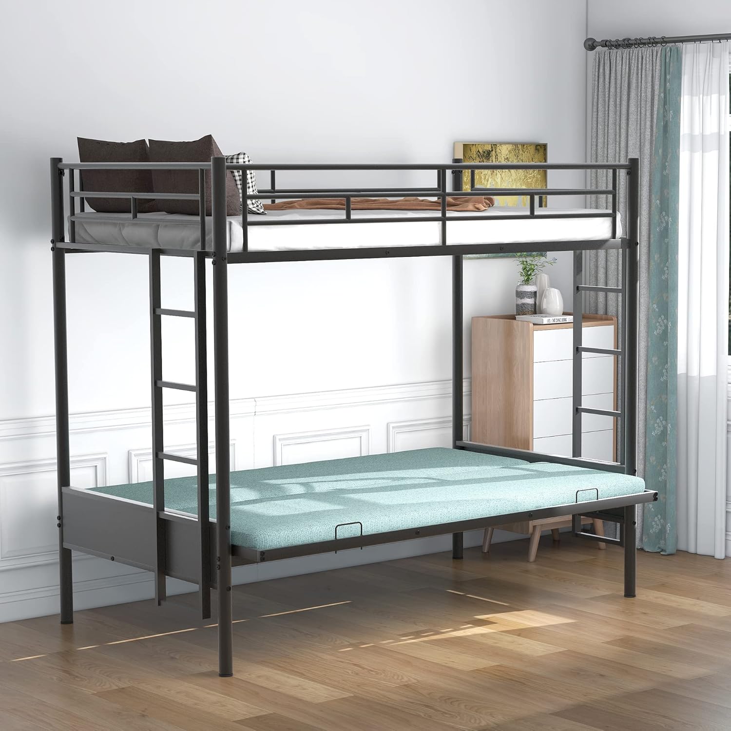 Twin Over Futon Full Bunk Bed with Metal Frame Black V3967