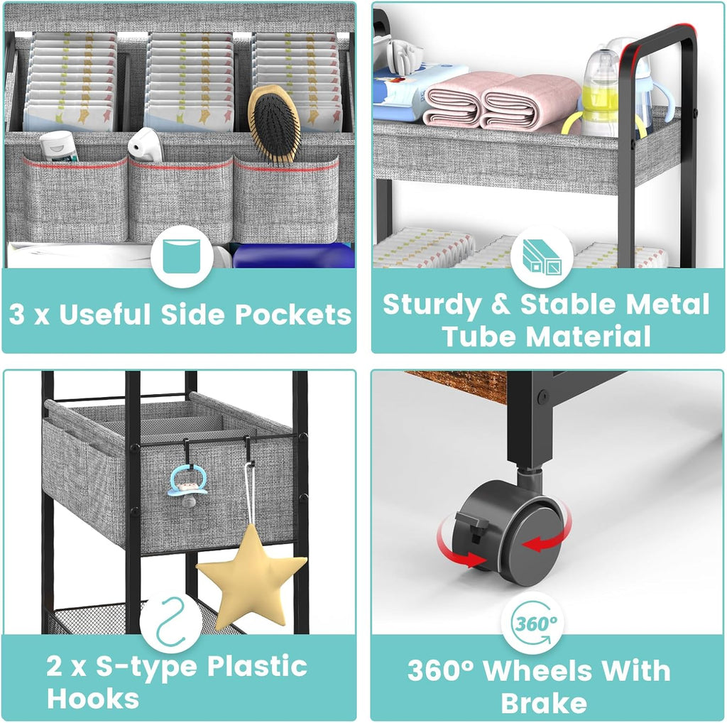 3-Tier Rolling Metal Diaper Cart with Dividers T246518