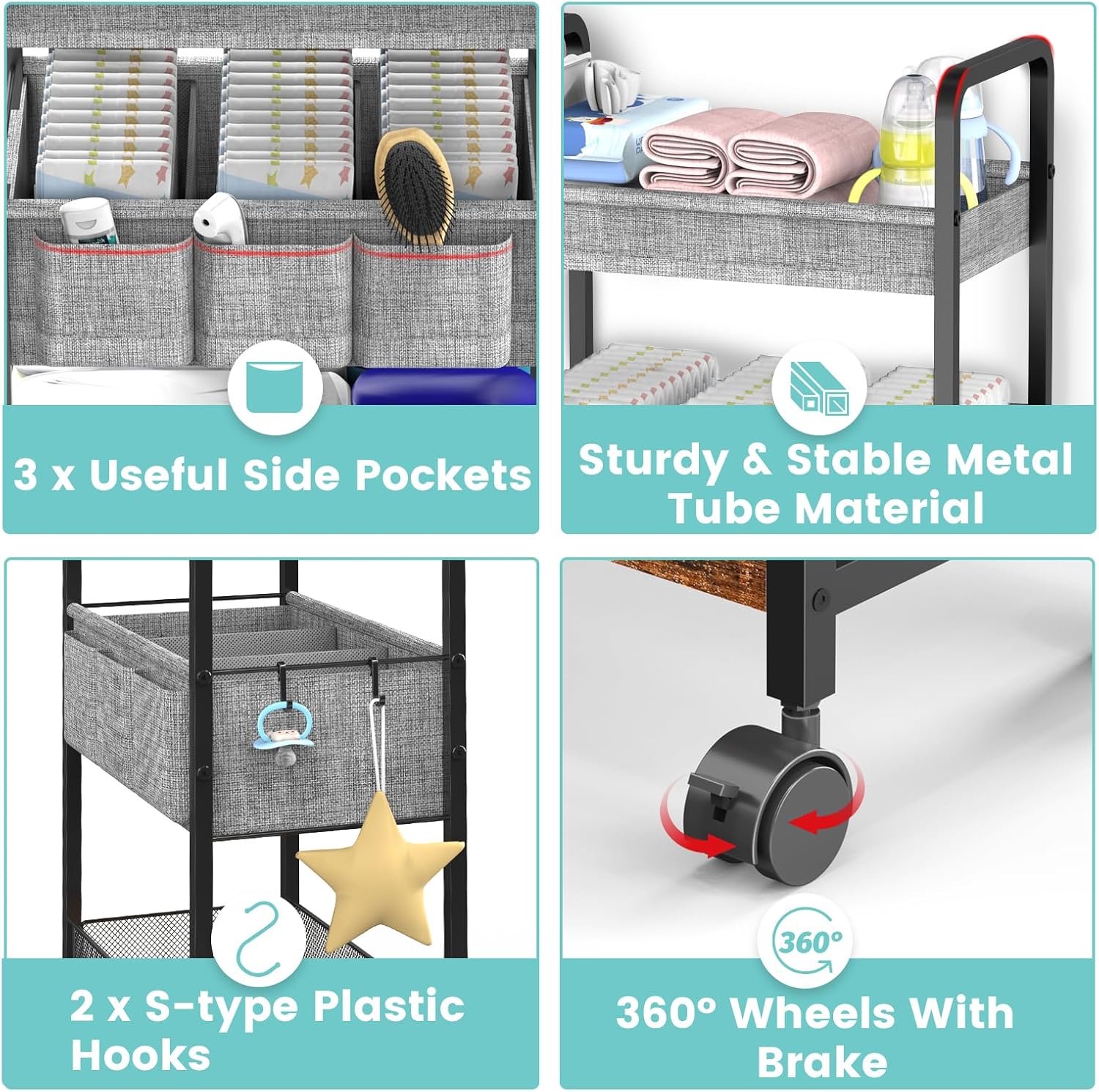 3-Tier Rolling Metal Diaper Cart with Dividers T246518