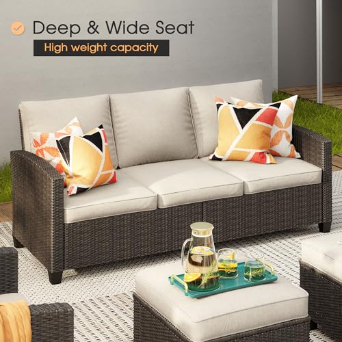 6 Pieces Patio Furniture Set with Firepit Table, Wicker Conversation Set with 3-seat Sofa, 4 Single Wicker Sofas and Metal Top Fire Pit Table H8707