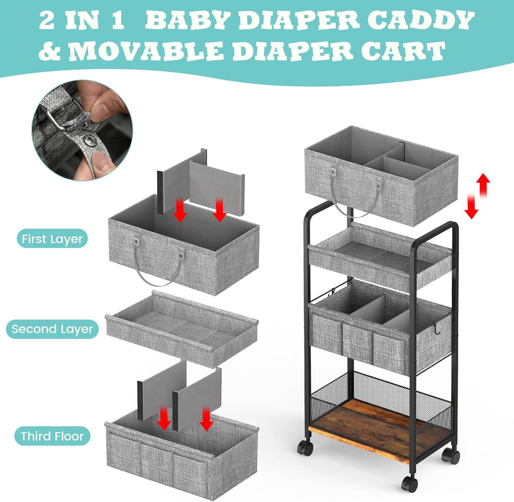 3-Tier Rolling Metal Diaper Cart with Dividers T246518