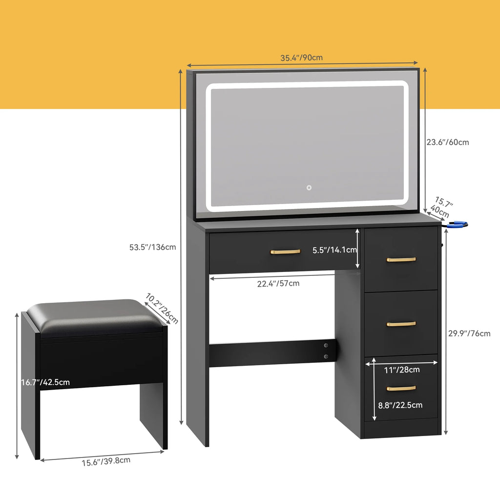 Charcoal Black Makeup Vanity Table with Mirror and LED Lights X591