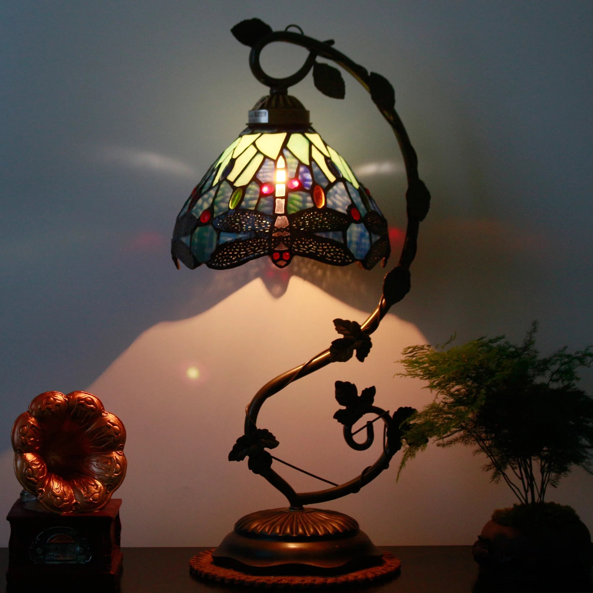 Blue Dragonfly Stained Glass Table Lamp with Metal Leaf Base H738