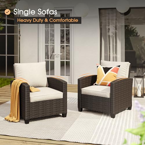 6 Pieces Patio Furniture Set with Firepit Table, Wicker Conversation Set with 3-seat Sofa, 4 Single Wicker Sofas and Metal Top Fire Pit Table H8707