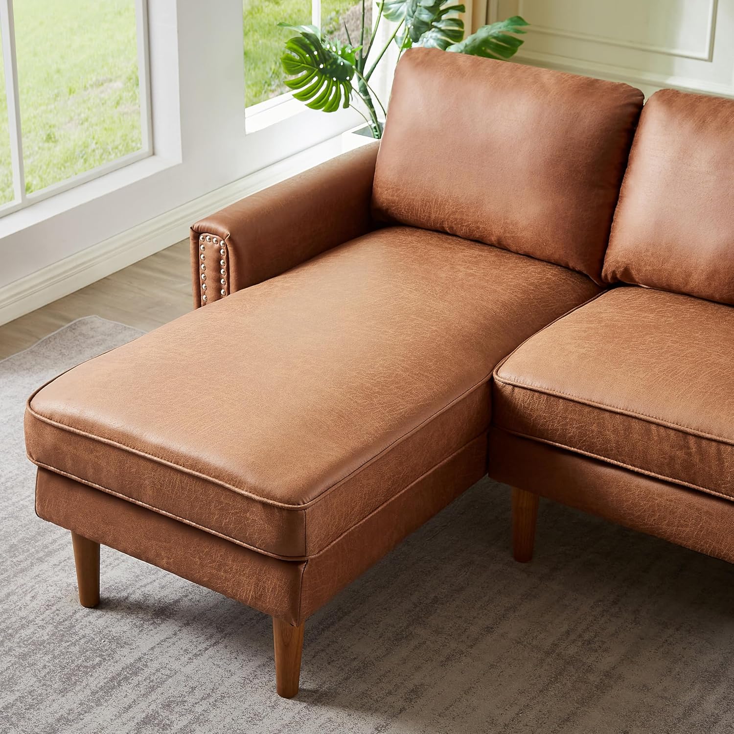 Brown L-Shape Sofa Couch with Suede Fabric H9648