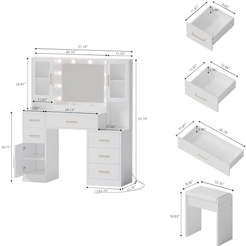 White Makeup Vanity Desk with Mirror & Lights and 5 Drawers D284257