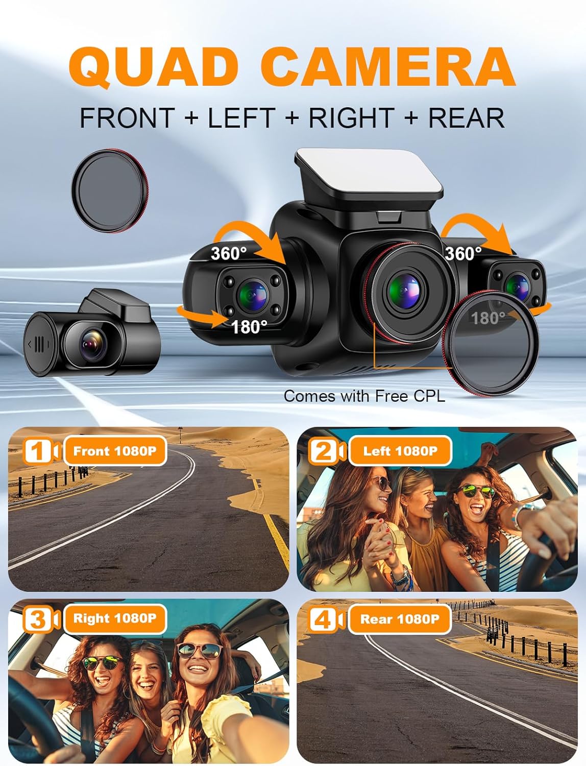 360 Degree View 4 Channel Dash Cam with CPL, Built-in GPS WiFi Night Vision, 128G Card A74034