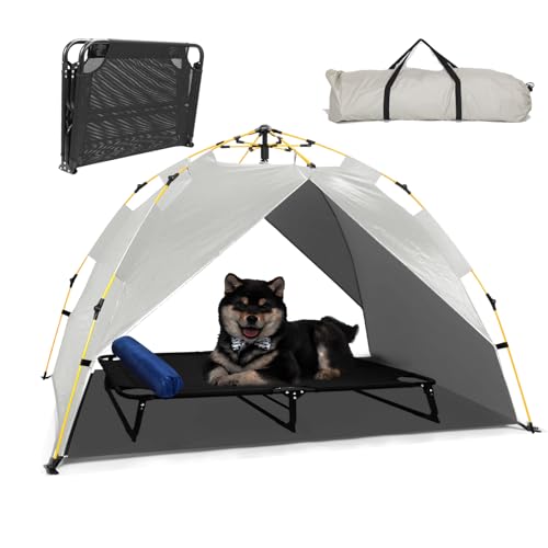 Raised Dog Bed Cot with Canopy Shade Tent & Bolster, Portable Chew-Resistance Cooling Pet Bed H71816
