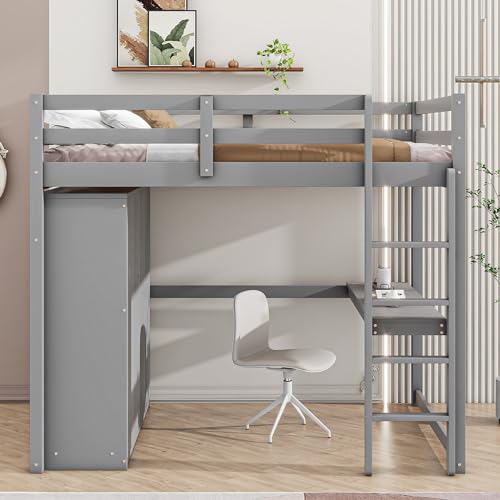 White Solid Wood Full Size Loft Bed with Desk and Drawers G222837
