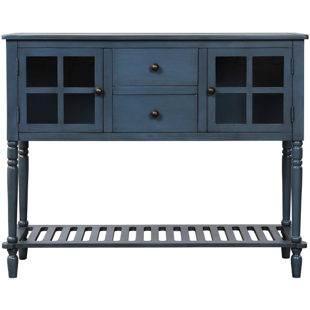 Antique Navy Wood Console Table with Storage Cabinets and Drawers Z8591