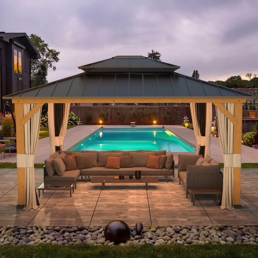 13'x15' Wood Gazebo with Netting and Curtains B3676
