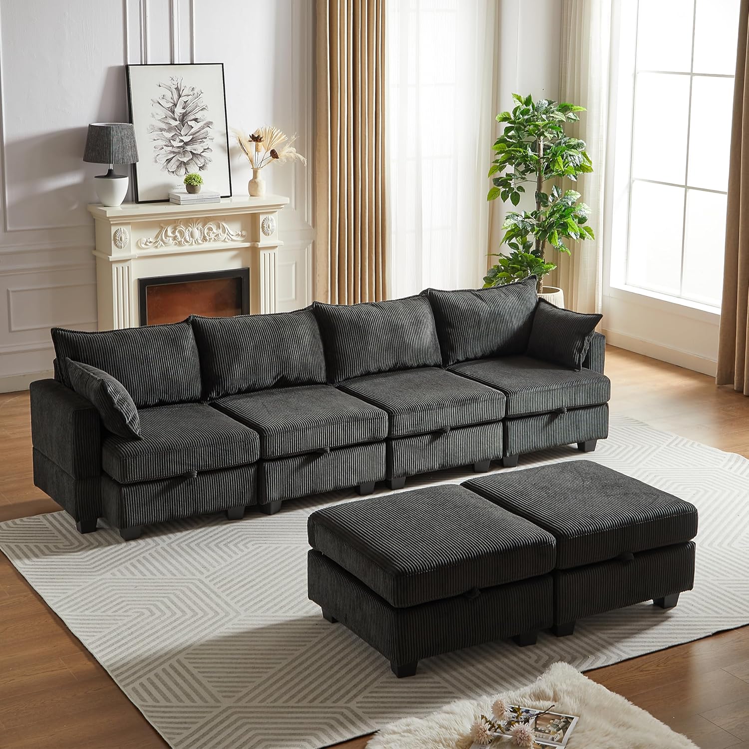 Black Corduroy Modular Sectional Sofa with Storage Y732