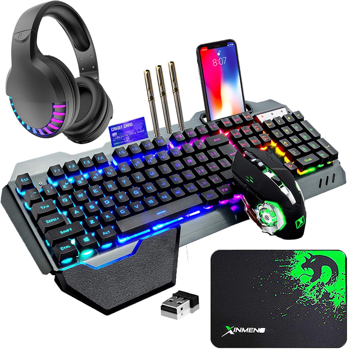 Wireless Gaming Keyboard Mouse and Wired Computer Speaker with Rainbow RGB Backlit Rechargeable Battery Metal Mechanical Ergonomic Waterproof Dustproof Removable Palm Rest Black W652305