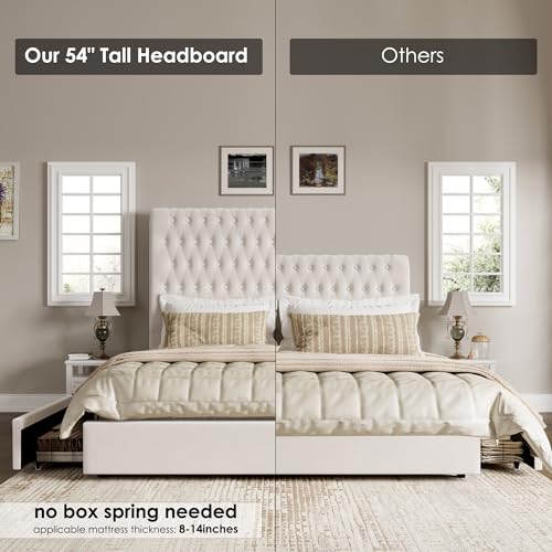 Beige Velvet Upholstered King Size Bed Frame with 4 Under-bed Storage Drawers R343201