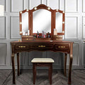 Tri-Folding Mirrors 7 Drawers Makeup Dress Table with Cushioned Stool Espresso E1890