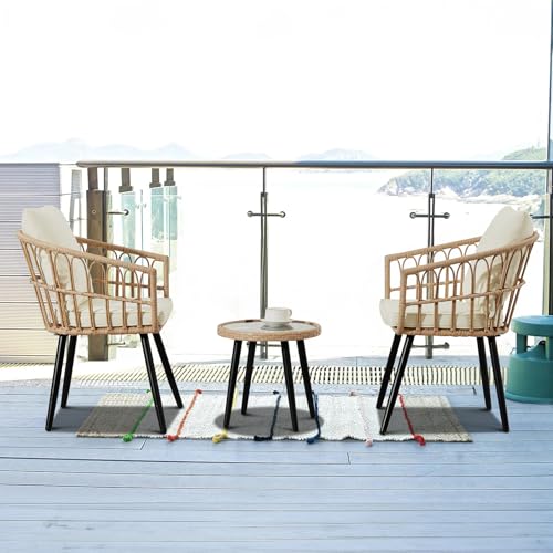 Beige 3 Piece Outdoor Wicker Bistro Set with Cushions A7498