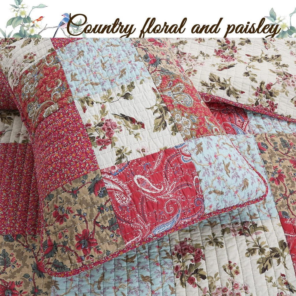 Red Teal Khaki Floral 100% Cotton Reversible Coverlet Bedspread Quilt Bedding Set (Queen - 3 Piece) M70903