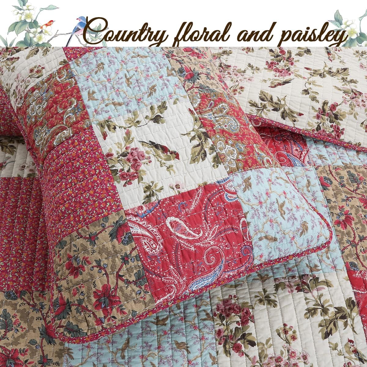 Red Teal Khaki Floral 100% Cotton Reversible Coverlet Bedspread Quilt Bedding Set (Queen - 3 Piece) M70903
