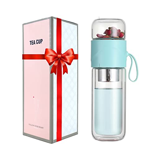 Blue Double Wall Glass Tea Bottle with Infuser 14oz O4394