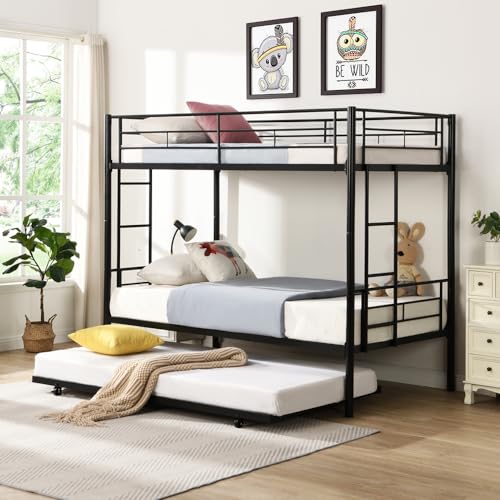Black Twin Over Twin Metal Bunk Bed with Trundle Y4163