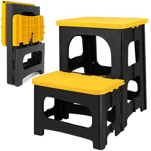 Folding 2-Step Stool, Non-Slip Portable Footstool 8" & 17" Dual Heights, Holds 300 lbs (Yellow) J4065