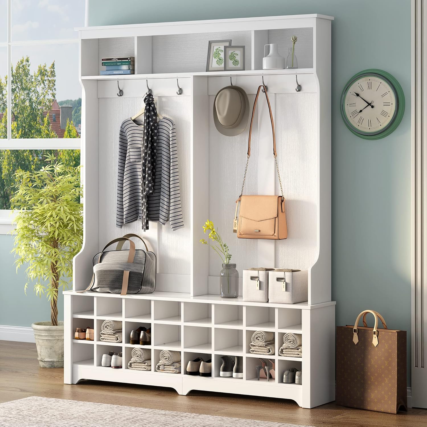 White 60 Inch Hall Tree Entryway Bench with Metal Black Hooks and 24 Shoe Cubbies I524582