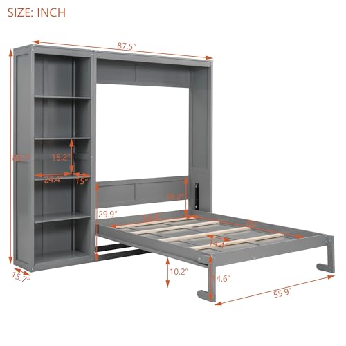 Full Murphy Bed with Storage Bookcase Shelves, Wood Folding Grey Wall Bed Cabinet B589
