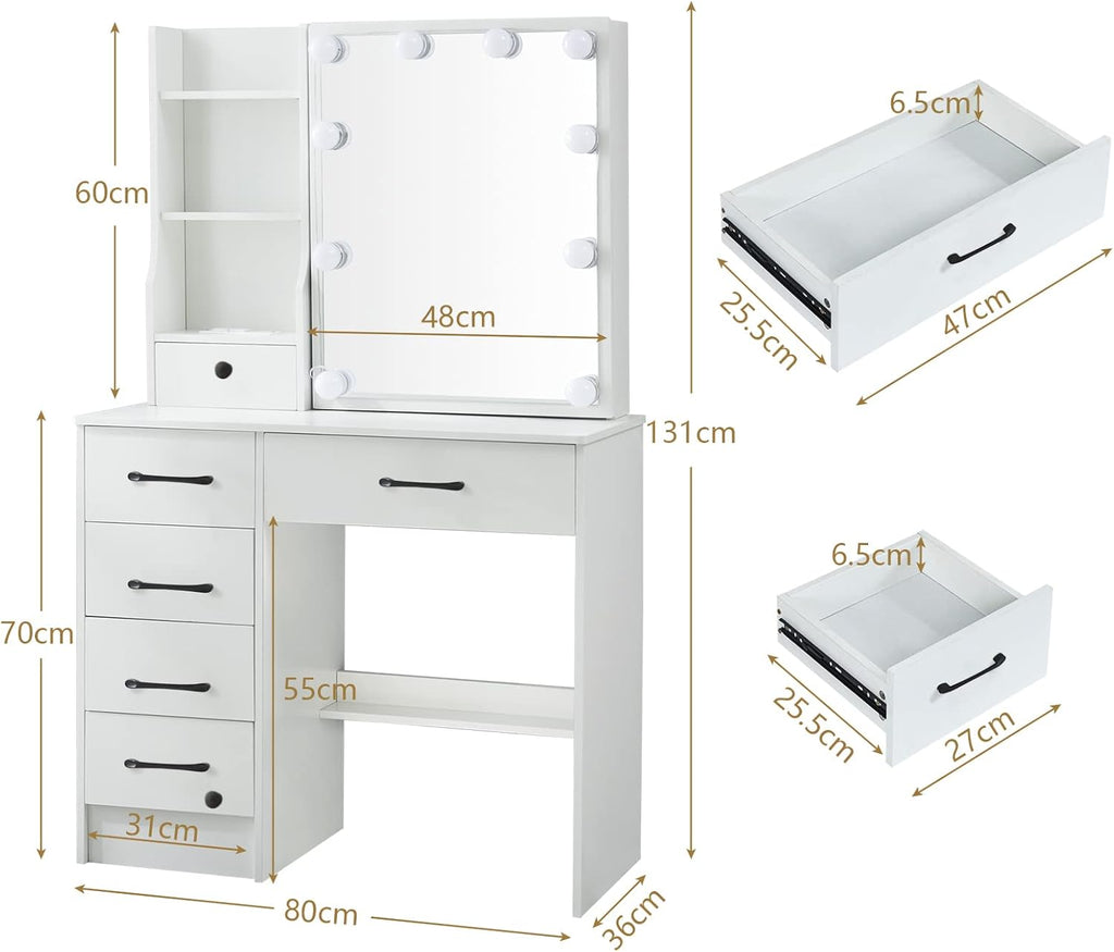 Makeup Vanity Set with 6 Drawers and Lighted Mirror, Brightness Adjustable, with Chair Z9301
