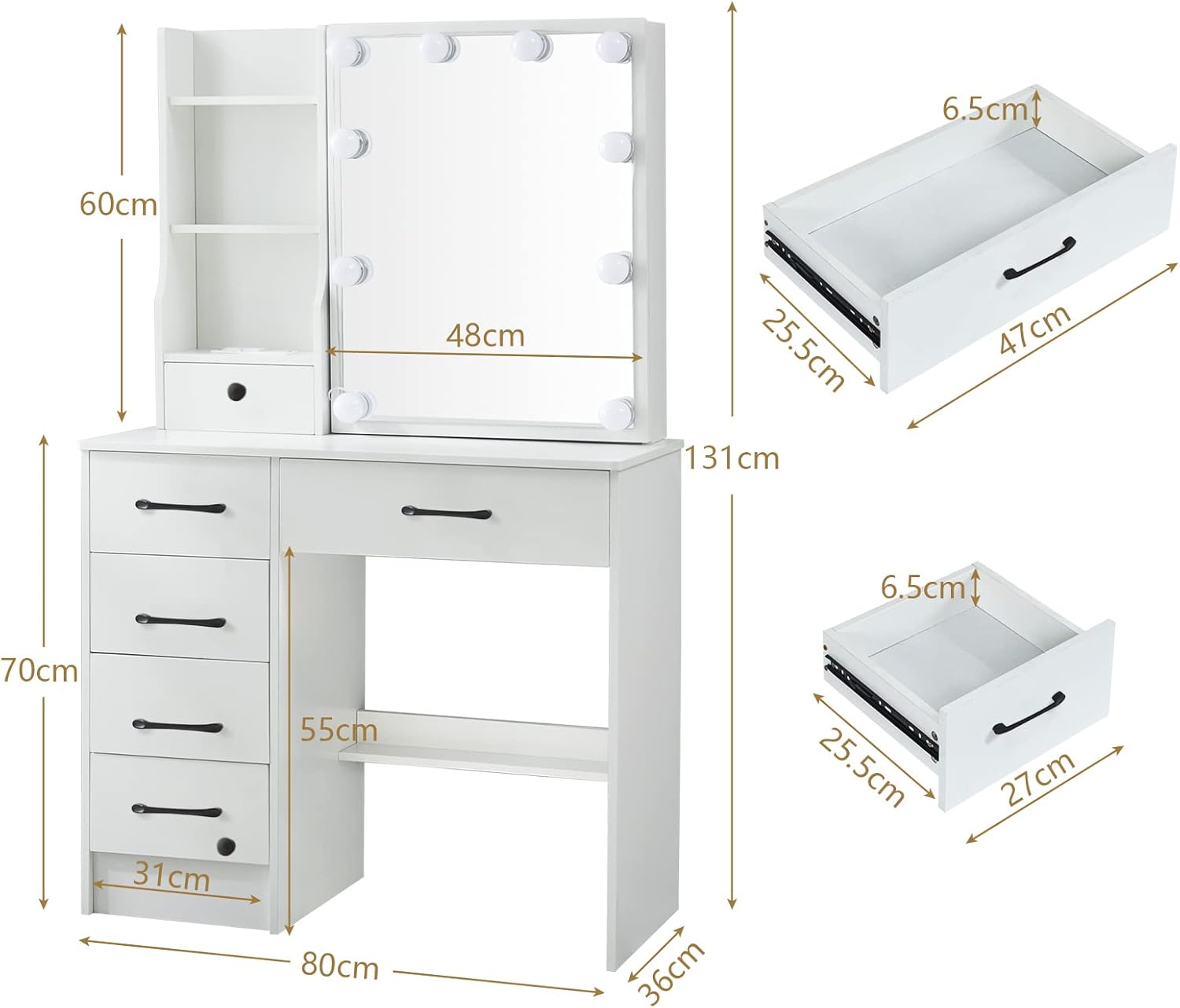 Makeup Vanity Set with 6 Drawers and Lighted Mirror, Brightness Adjustable, with Chair Z9301