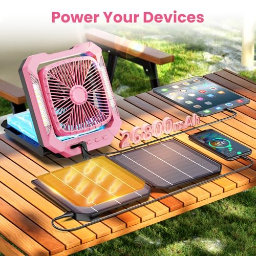 26800mAh Rechargeable Portable Fan with Detachable Solar Panel, LED Lantern, 3 Speed, Timer, USB-C, Green N70326