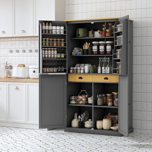 White Freestanding Tall Cupboard Storage Cabinet with 3 Adjustable Shelves and 3 Drawers J140856