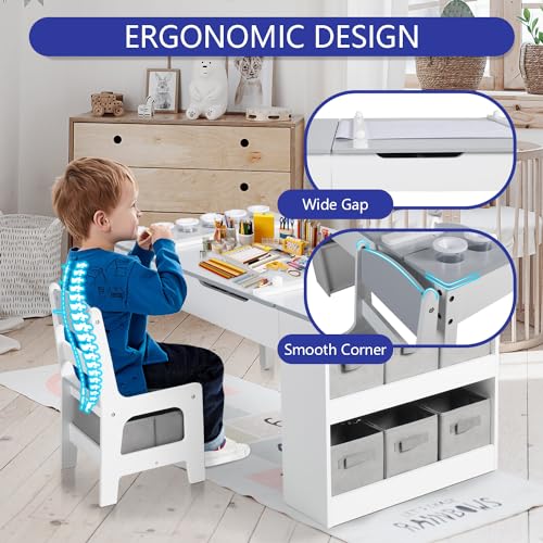 3 in 1 Wood Kids Art Table & Easel Chair Set with 6 Storage Bins D701071