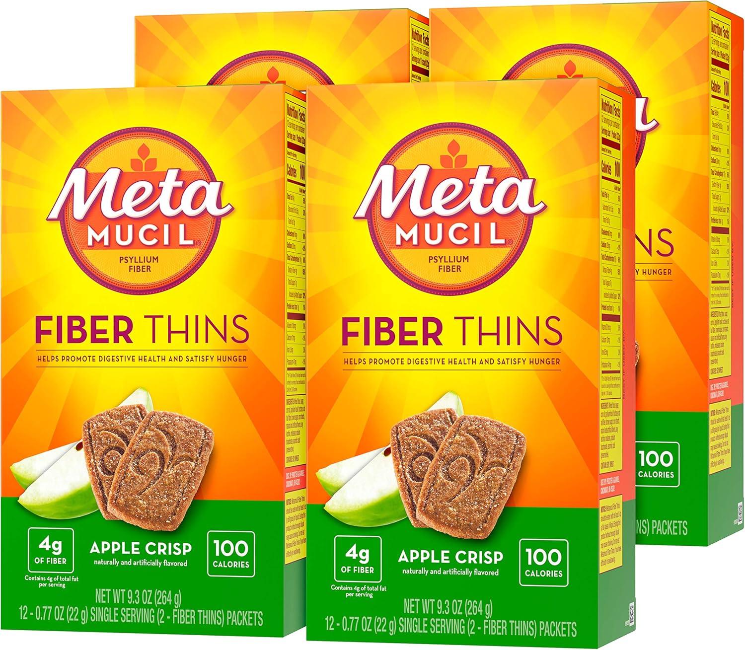 Apple Crisp Flavored Fiber Thins Dietary Fiber Supplement with Psyllium Husk, 9.3 Ounce, Pack of 4 H37305