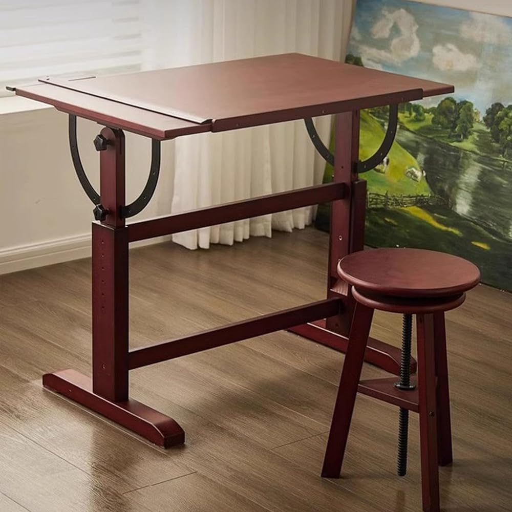Height and Angle Adjustable Drawing Table with Tilting Magnifying Tabletop and T-square L2132