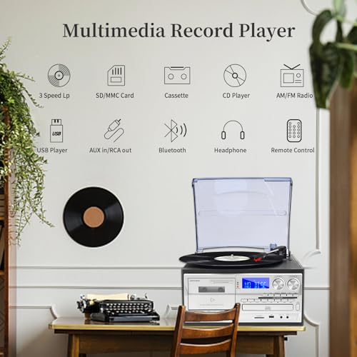 9 in 1 Record Player with Bluetooth Turntable, CD/Cassette, AM/FM Radio, USB SD/MMC, Aux-in/RCA Line Out C381088