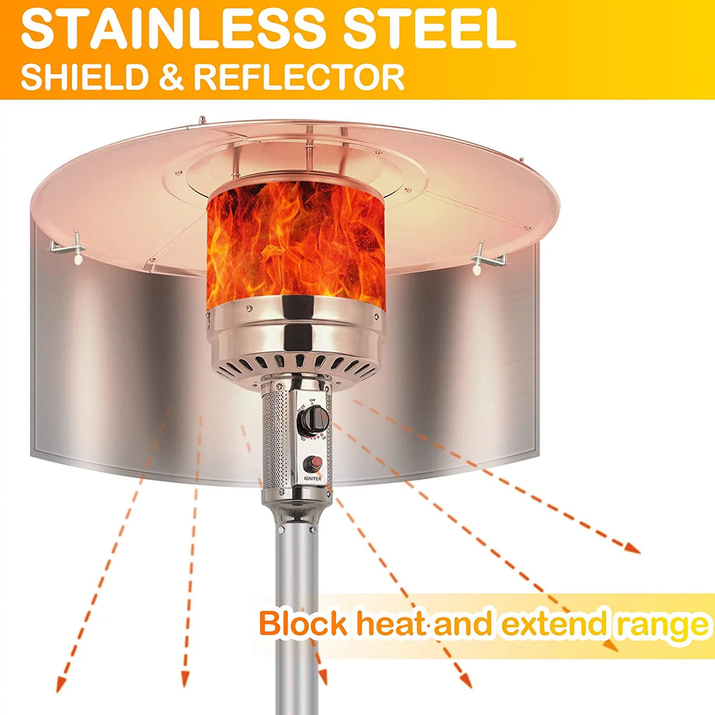 50,000 BTU Propane Patio Heater with Reflector, Stainless Steel Burner, Wheels, Silver P937