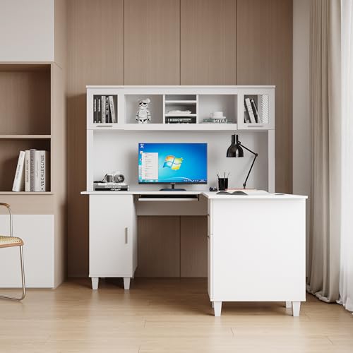 White Corner Desk with Drawers and Shelves L8599