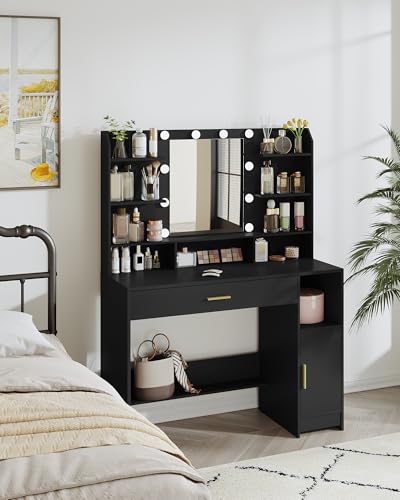 Black Vanity Desk with Mirror and 10 LED Lights T498