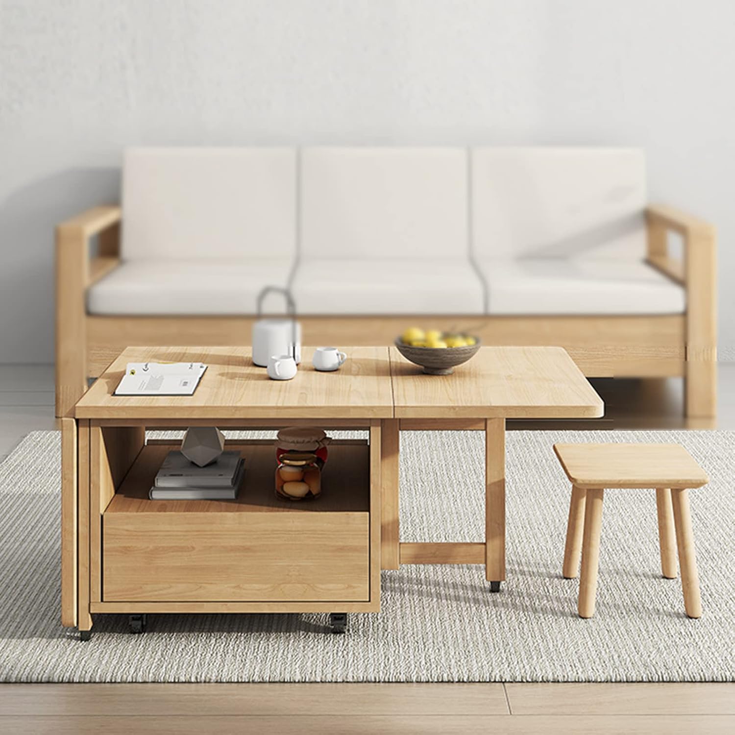 Solid Wood Drop-Leaf Folding Coffee Table with Rollers, 1.4m D84366