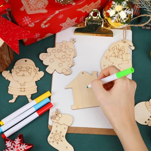 50 Pieces Christmas Wooden Ornaments Blanks Pendants Unfinished Wood Slices Hanging E57478
