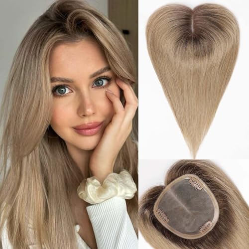 14 inch Real Human Hair Topper with Bangs Medium Brown Dark Blonde K789062
