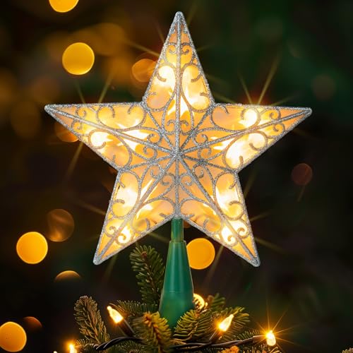 Gold Glitter Star Tree Topper with 10 Lights E237274