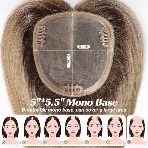 14 inch Real Human Hair Topper with Bangs Medium Brown Dark Blonde K789062